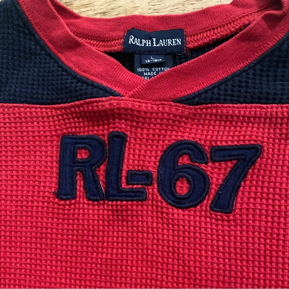 Vintage Ralph Lauren Infant L 12-18 Mo Red/Navy‎ Waffle Weave Knit Logo Bodysuit